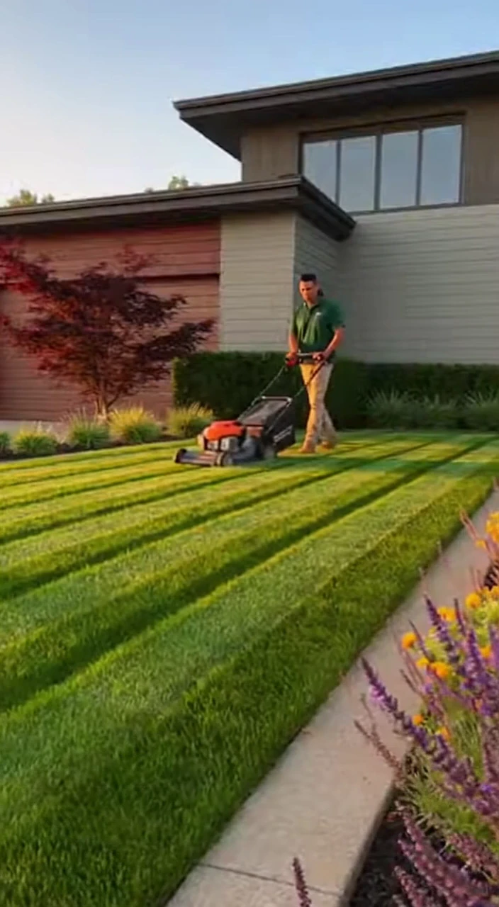Beautiful Landscaping Compilation of Lush Gardens, Manicured Lawns, Patios, Pathways, and Outdoor Living Spaces with Professional Crew at Work
